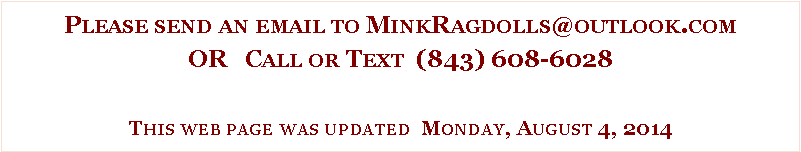 Text Box: Please send an email to MinkRagdolls@outlook.comOR   Call or Text  (843) 608-6028This web page was updated  Monday, August 4, 2014